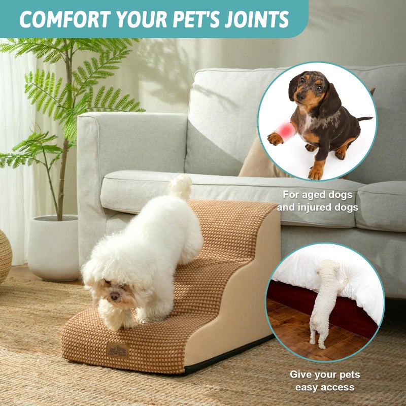 COZY KISS Dog Stairs for Small Dogs 15.7" H, Curved Dog Step for Puppy, Older Cat, Medium Pet Ramp for Sofa, Couch or Chair, Ladder with High Density Foam, 3 Step, 15.7x22.4x15.7 inch, Light Brown - Image 3