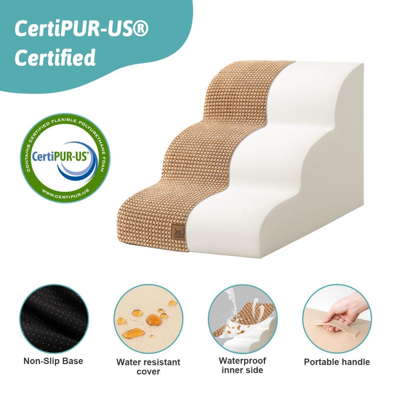 COZY KISS Dog Stairs for Small Dogs 15.7" H, Curved Dog Step for Puppy, Older Cat, Medium Pet Ramp for Sofa, Couch or Chair, Ladder with High Density Foam, 3 Step, 15.7x22.4x15.7 inch, Light Brown - Image 4