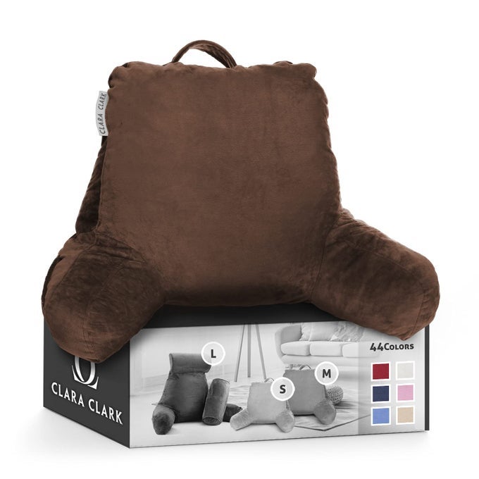 READING PILLOW BACK REST PILLOW FOR SITTING IN BED WITH ARMS FOR KIDS ADULTS PREMIUM SHREDDED MEMORY FOAM TV SIT UP PILLOW MEDIUM BROWN