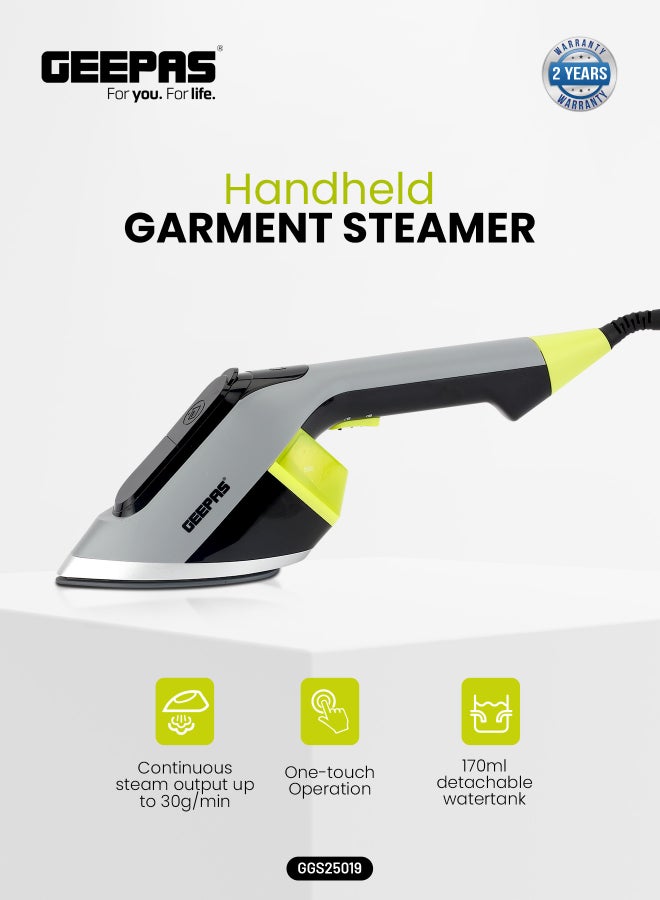 GEEPAS Handheld Garment Steamer with Detachable Water Tank 170 ml 1950 W GGS25019 Grey, Black, Yellow - Image 1