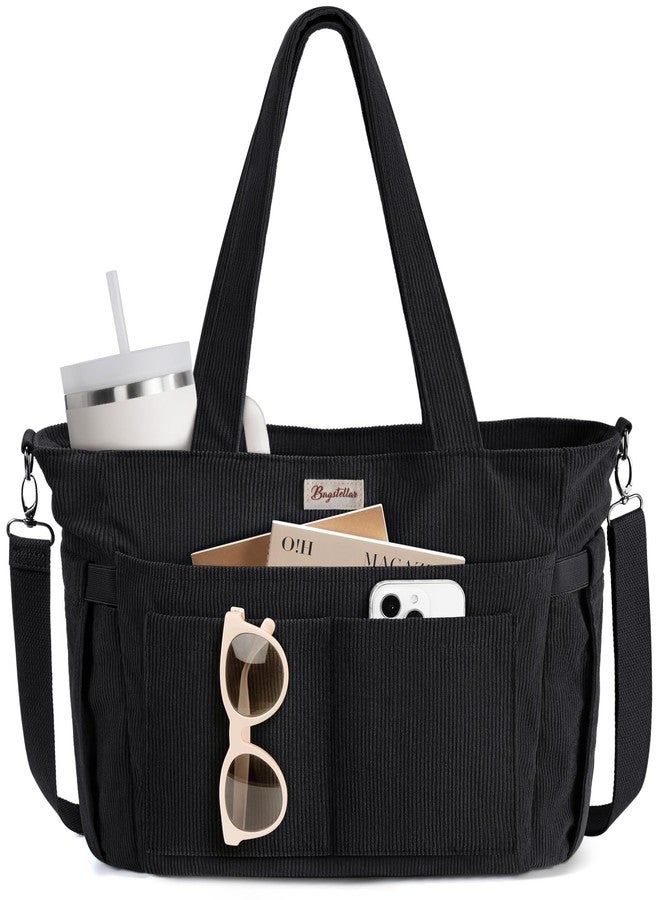 Bagstellar Corduroy Tote Bag for Women, 17 Pockets Lightweight Crossbody Bible Teacher Nurse Shoulder Bag for Daily School Travel Gym, Black, 16.5"L x 6"W x 12"H - Image 1