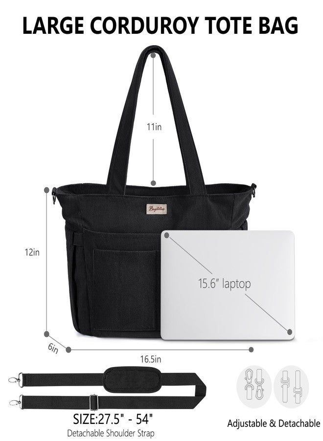 Bagstellar Corduroy Tote Bag for Women, 17 Pockets Lightweight Crossbody Bible Teacher Nurse Shoulder Bag for Daily School Travel Gym, Black, 16.5"L x 6"W x 12"H - Image 2