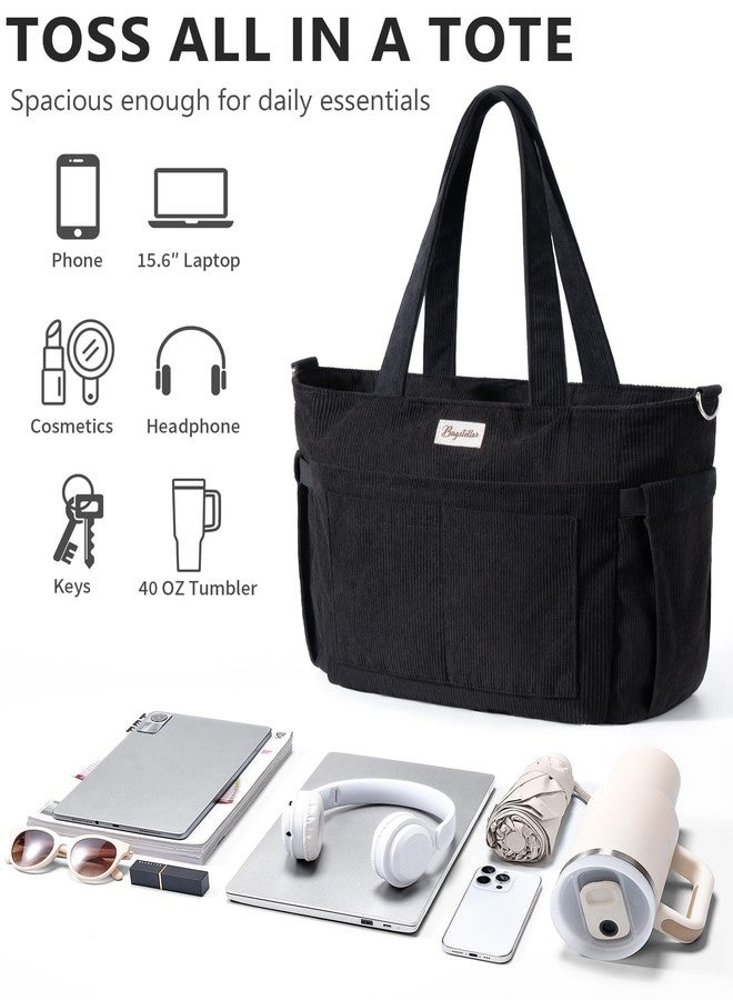 Bagstellar Corduroy Tote Bag for Women, 17 Pockets Lightweight Crossbody Bible Teacher Nurse Shoulder Bag for Daily School Travel Gym, Black, 16.5"L x 6"W x 12"H - Image 5