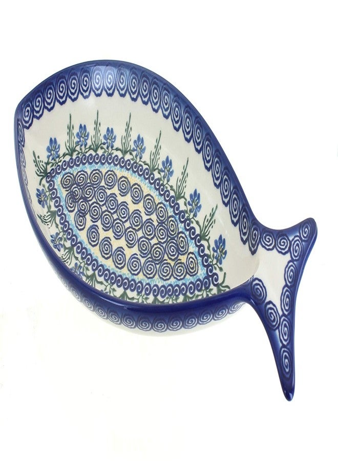 Blue Rose Polish Pottery - Blue Charleston Fish Dish - 14" x 6.5" - Unique Platter for Dinner Parties, Very Durable & Dishwasher Safe