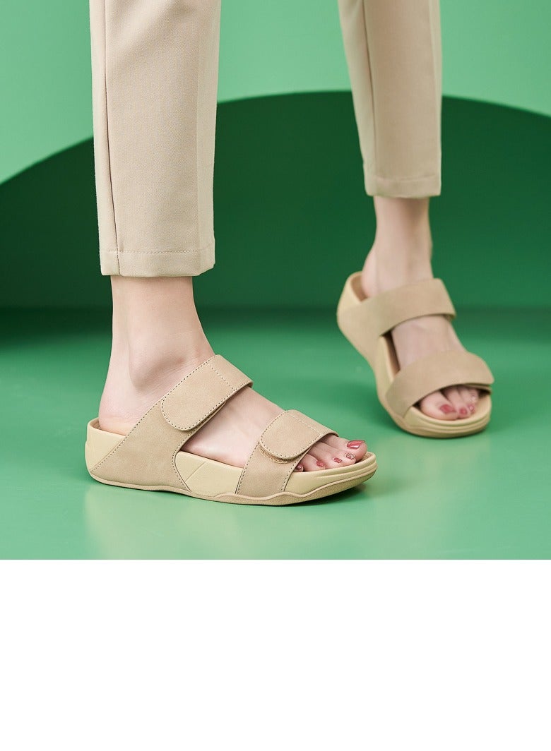 Loquat Womens Solid Color Wedge Sandals Slippers Breathable Casual Slip On Summer Shoes Beige  - Image 2