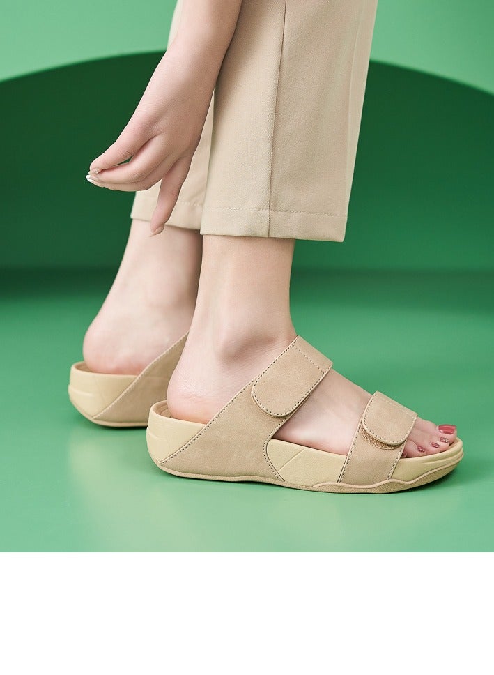 Loquat Womens Solid Color Wedge Sandals Slippers Breathable Casual Slip On Summer Shoes Beige  - Image 4