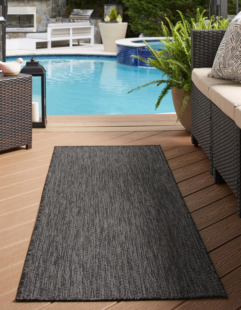 Unique Loom Collection Casual Transitional Solid Heathered Indoor/Outdoor Flatweave Area Rug (2' x 6' 1" Runner, Black/Ivory) - Image 1