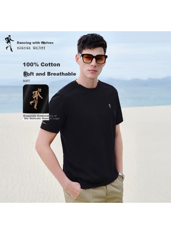 Dancing Wolves Long-staple Cotton Summer Basic Breathable Pure Cotton Skin-friendly Comfortable Men's Short Sleeve T-shirt 001 Black 165 - Image 1