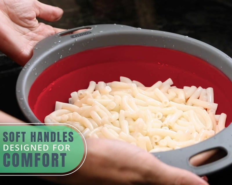 كومفيفي مجموعة مصافي مطبخ نهائية مكونة من قطعتين - مصافي سيليكون قابلة للطي لسهولة التخزين من كومفيفي - تستخدم مع المعكرونة والخضار أو كوعاء فاكهة أو توت مع مصفاة - لا يمكن استبدالها للمخيمين - أحمر - Image 5