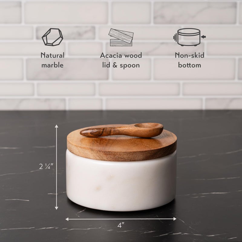 Cork & Mill White Marble Salt Cellar with Acacia Wood Lid and Spoon - Elegant Modern Handcrafted Container for Countertop - Keeps Spices Dry - Wide 4â€ Salt Pig with Non-Skid Feet - Image 3