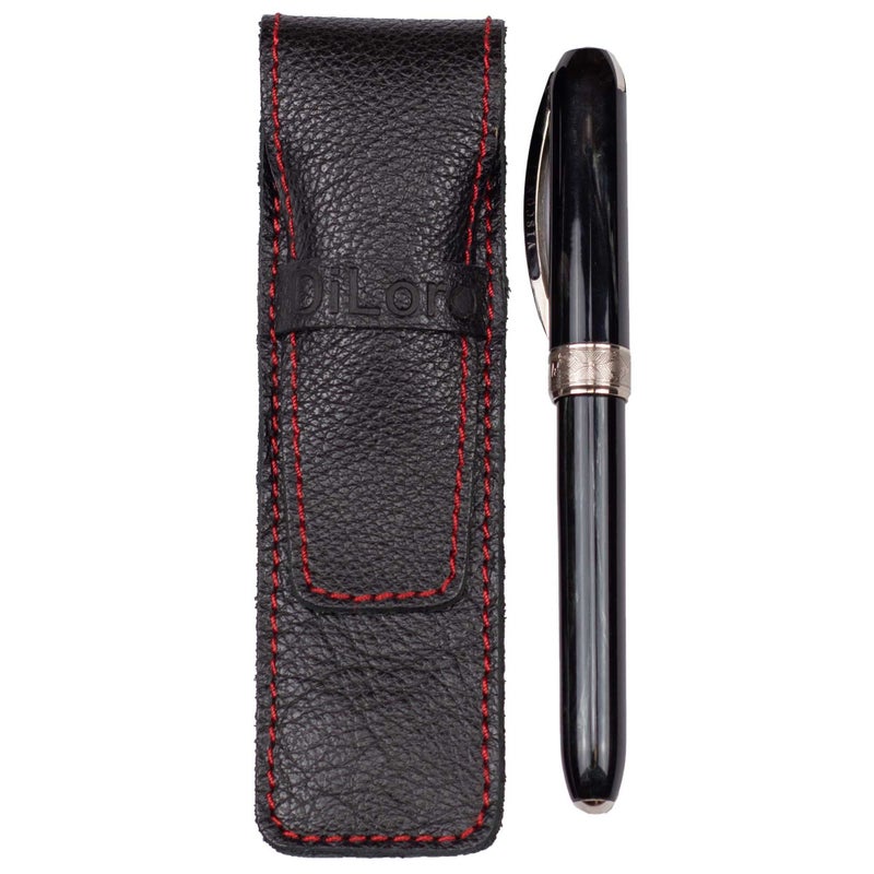 DiLoro Full Grain Leather Single Pen Case Holder Pouch Pencil Organizer (Buffalo Black w Red) - Image 4