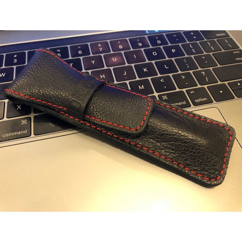 DiLoro Full Grain Leather Single Pen Case Holder Pouch Pencil Organizer (Buffalo Black w Red) - Image 5
