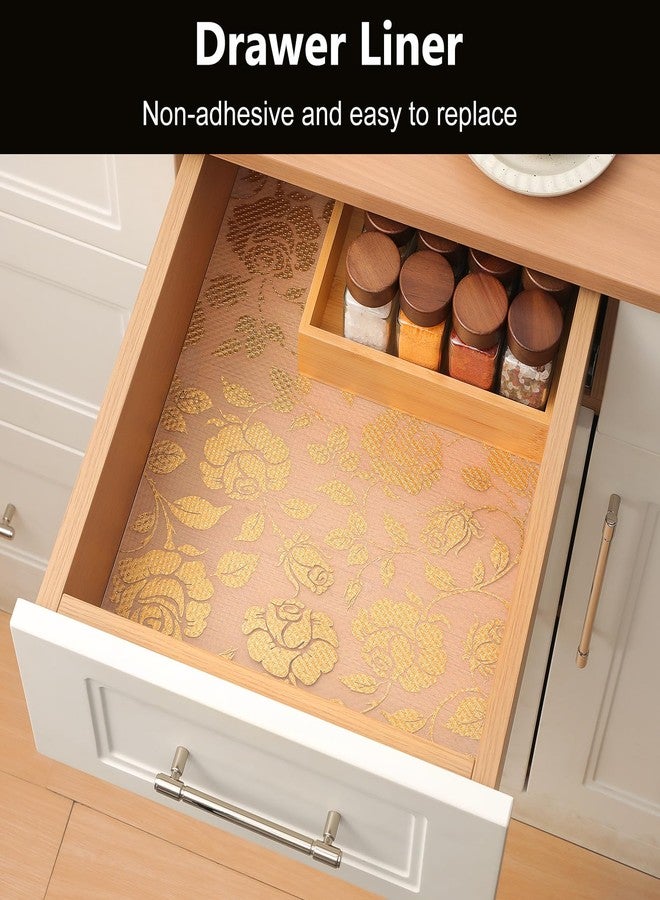 INNOLITES Shelf Liner for Cabinets, Non-Adhesive for Kitchen Drawer Liner, Waterproof Shelf Paper with Floral Pattern, Durable Easy to Clean (Golden Rose, 17.7" x 78.7") - Image 3