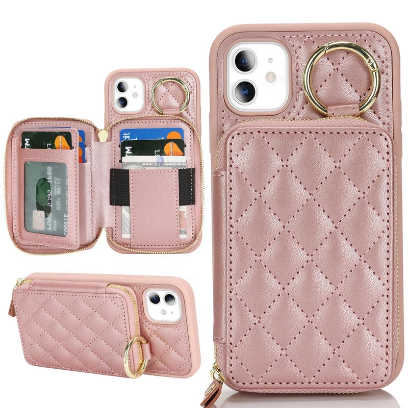 Hamany for iPhone 11 Case Wallet with Card Holder,for iPhone 11 Phone case Wallet with Zipper with Slot Kickstand Stand Case for Women and Man 6.1 Inch-Rose Gold - Image 1