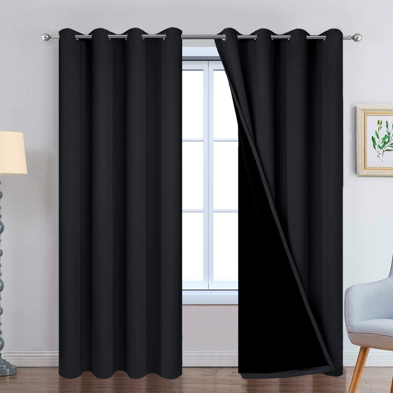 Yakamok 84 Inch Length 100 Blackout Curtains for Bedroom 2 Thick Layers Thermal Insulated Grommet Total Blackout Drapes with Black Liner for Living Room 52Wx84LBlack 2 Panels