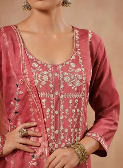 Ishin Women's Silk Blend Embroidered Kurta Set - Pink A-Line Kurta With Trouser & Dupatta, XXL