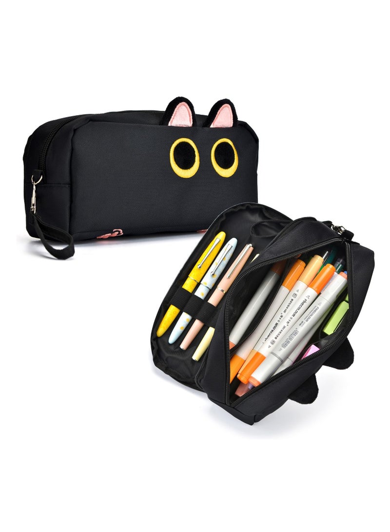 Excefore Large Capacity Pencil Case Black Color 3D Black Cat Pen Bags Pencil Pouch Organizer Canvas Storage Pouch Marker Pen Case Simple Stationery Bag for Office College School Student - Image 2