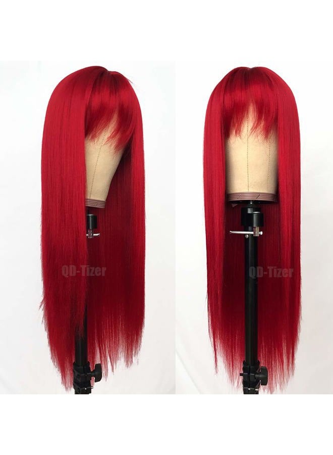 QD-Tizer Red Color Long Silky Straight Wigs with Bangs Synthetic No Lace Wig for Fashion Women Heat Resistant Natural Looking Hair Wig for Party Cosplay - Image 2
