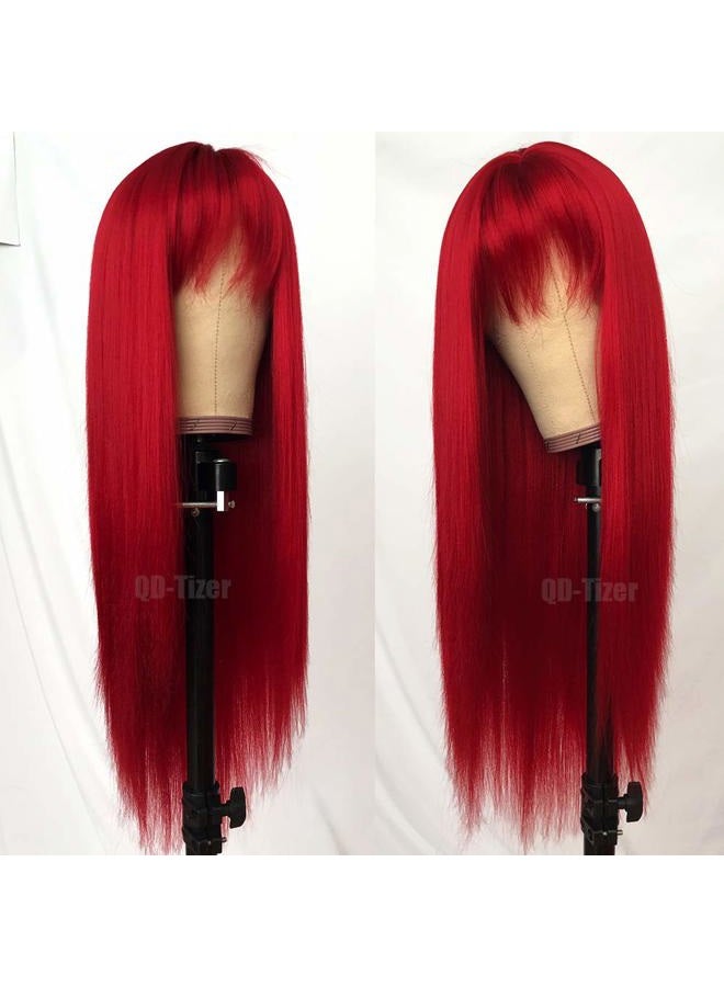 QD-Tizer Red Color Long Silky Straight Wigs with Bangs Synthetic No Lace Wig for Fashion Women Heat Resistant Natural Looking Hair Wig for Party Cosplay - Image 4