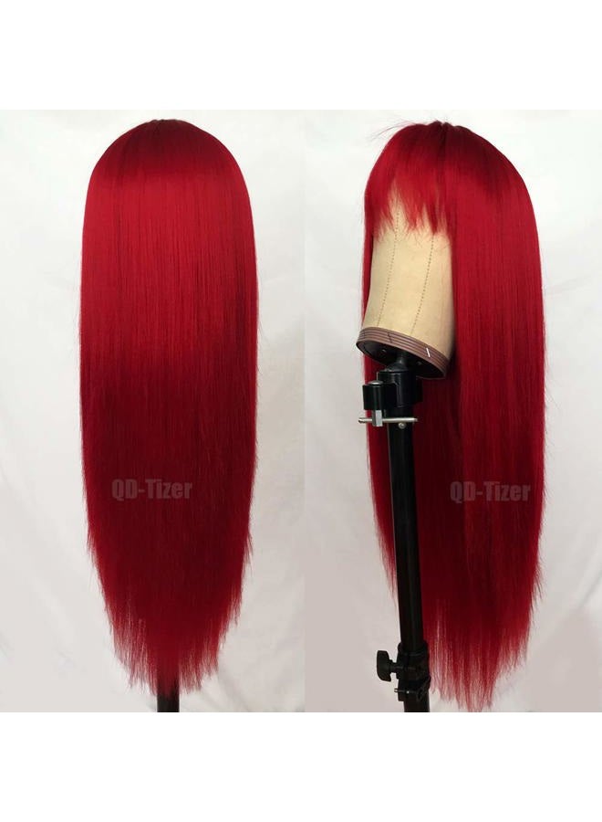 QD-Tizer Red Color Long Silky Straight Wigs with Bangs Synthetic No Lace Wig for Fashion Women Heat Resistant Natural Looking Hair Wig for Party Cosplay - Image 3