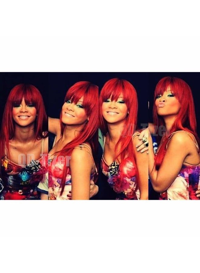 QD-Tizer Red Color Long Silky Straight Wigs with Bangs Synthetic No Lace Wig for Fashion Women Heat Resistant Natural Looking Hair Wig for Party Cosplay - Image 5