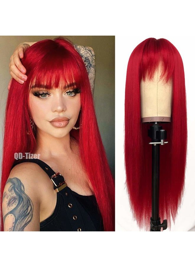 QD-Tizer Red Color Long Silky Straight Wigs with Bangs Synthetic No Lace Wig for Fashion Women Heat Resistant Natural Looking Hair Wig for Party Cosplay - Image 1