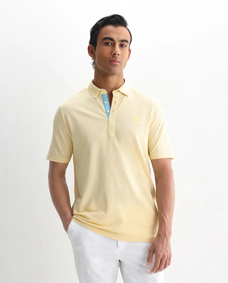 Rare Rabbit Rare Rabbit Men's Herval Light Yellow Cotton Fabric Short Sleeves Collared Neck Slim Fit Polo T-Shirt