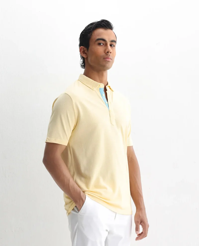Rare Rabbit Rare Rabbit Men's Herval Light Yellow Cotton Fabric Short Sleeves Collared Neck Slim Fit Polo T-Shirt