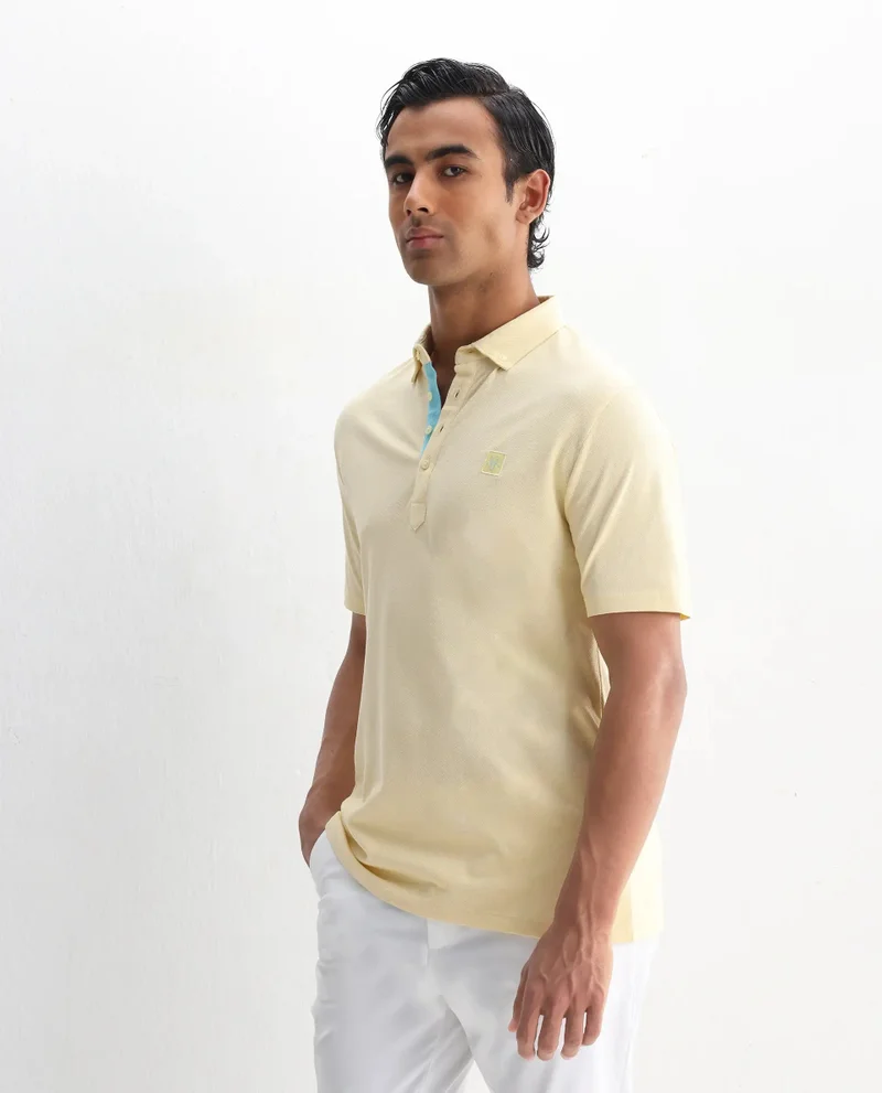 Rare Rabbit Rare Rabbit Men's Herval Light Yellow Cotton Fabric Short Sleeves Collared Neck Slim Fit Polo T-Shirt