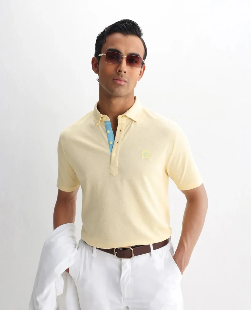 Rare Rabbit Rare Rabbit Men's Herval Light Yellow Cotton Fabric Short Sleeves Collared Neck Slim Fit Polo T-Shirt