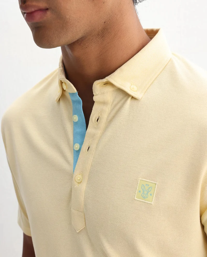 Rare Rabbit Rare Rabbit Men's Herval Light Yellow Cotton Fabric Short Sleeves Collared Neck Slim Fit Polo T-Shirt