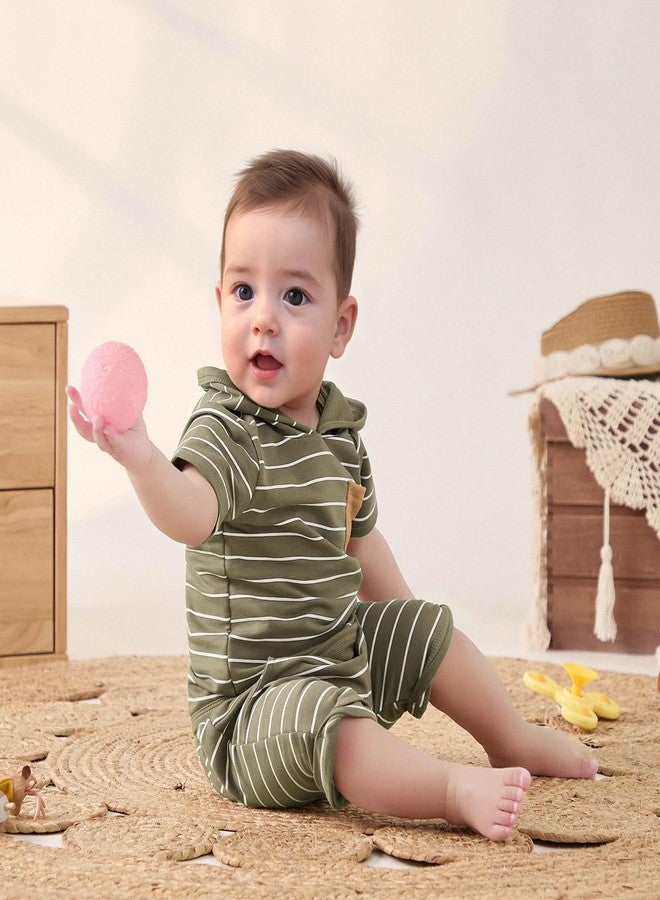FOCUSNORM Toddler Baby Boy Summer Clothes Stripe Short Sleeve Hooded T-Shirt Elastic Waist Shorts Newborn Infant Boy Outfits (Stripe Army Green, 0-6 Months) - Image 3