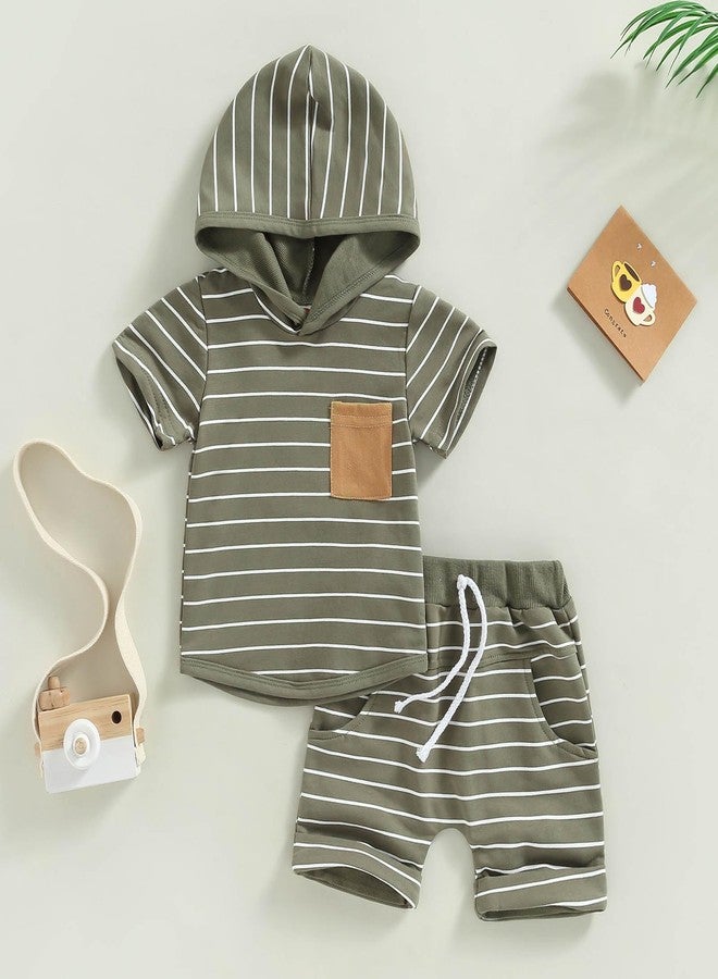 FOCUSNORM Toddler Baby Boy Summer Clothes Stripe Short Sleeve Hooded T-Shirt Elastic Waist Shorts Newborn Infant Boy Outfits (Stripe Army Green, 0-6 Months) - Image 4