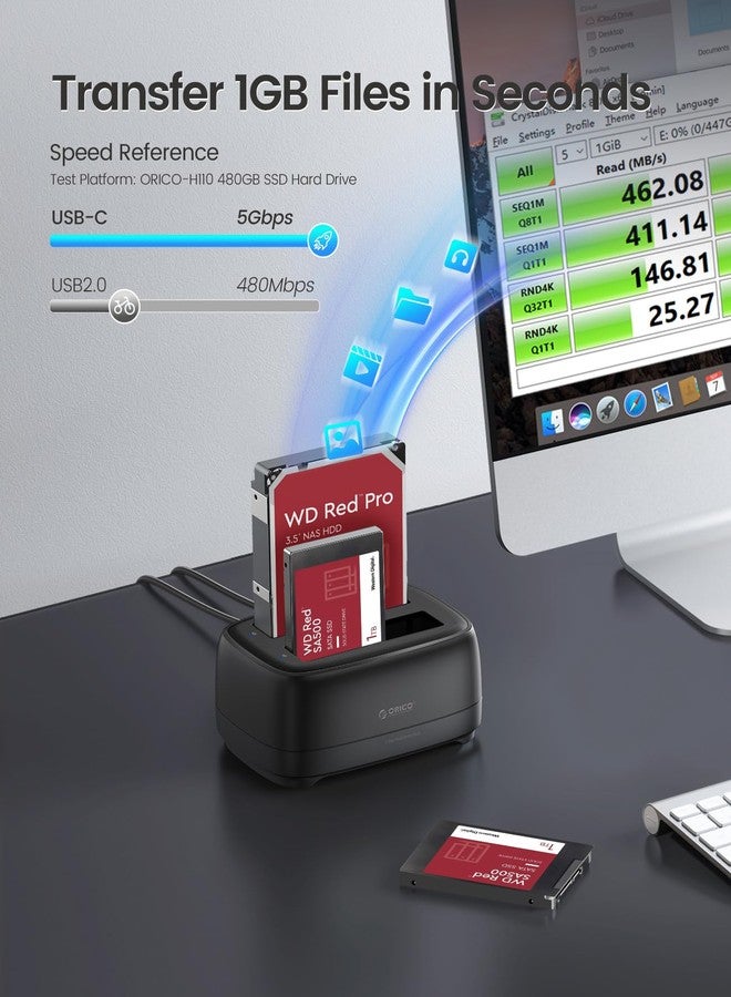 أوريكو قاعدة توصيل أقراص صلبة خارجية من ORICO، ناسخ/مُستنسخ SATA إلى USB-C لأقراص Seagate وSamsung وWD وCrucial وSanDisk SSD وHDD بحجم 2.5 بوصة/3.5 بوصة، بفتحتين للأقراص بسعة 36 تيرابايت لأجهزة PS5 وXbox والكمبيوتر الشخصي واللابتوب - Image 4
