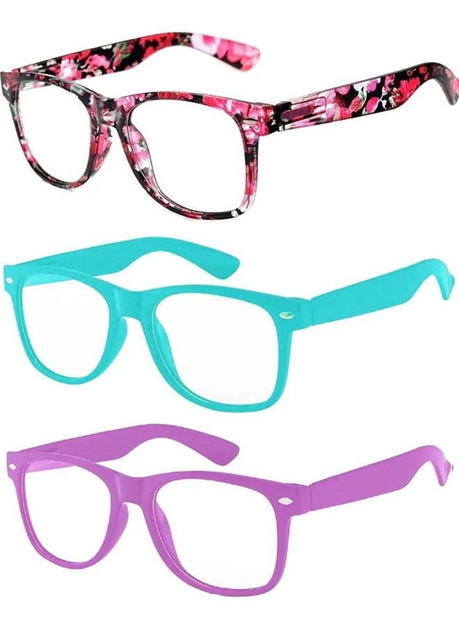 OWL 3 Pairs Kids Clear Lens Sunglasses Flower Red Turquoise Purple - Image 1