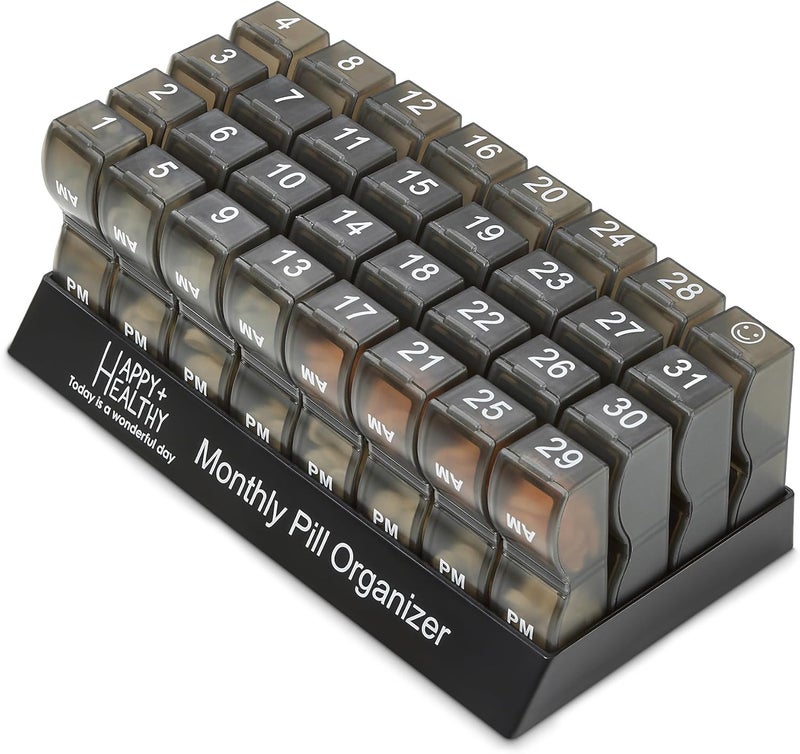 MEDca Monthly Pill Organizer - Am/Pm Daily Pill Organizer 32 Compartments for Each Day, Pill Dispenser and Dispenser Caddy That Helps You Organize Your Life, Perfect for Supplements and Medication, Black