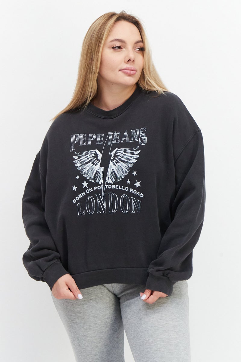 Pepe Jeans Women Crew Neck Long Sleeve Graphic Print Sweatshirt, Black - Image 1