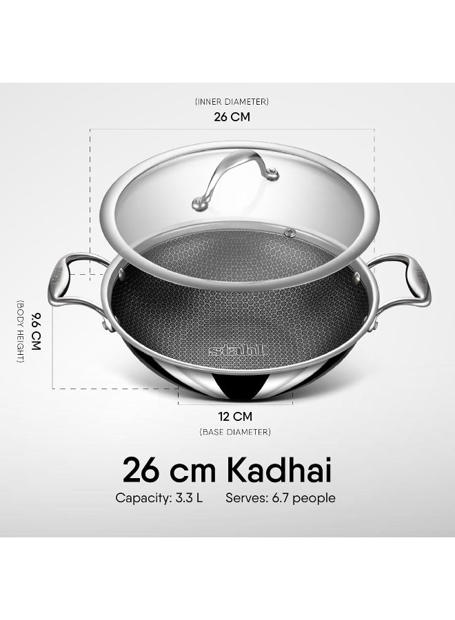 Stahl قدر ستال ثلاثي الطبقات غير لاصق مع غطاء | قدر ستانلس ستيل مع قاعدة تحريض | قدر ثلاثي الطبقات مقاوم للخدش | هجين 6326، قطر 26 سم، 3.3 لتر (يخدم 6 أشخاص) - Image 2
