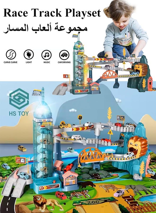 Car Race Track Sets, Lion Climbing Hills Race Track Playset, Car Ramp Track, Flexible Track Playset, Adventure Railcar Play Set, Ramp Racer Toy, Rail Car Amusement Park Toys,  Automatic Manual Multifunctional Sliding Car, Circular Slope Race Track Set, Double Mode Spiral Lifting Parking Lot with 4 Mini Racer Cars, Gift for Kids 3+ Years Old  - Image 1