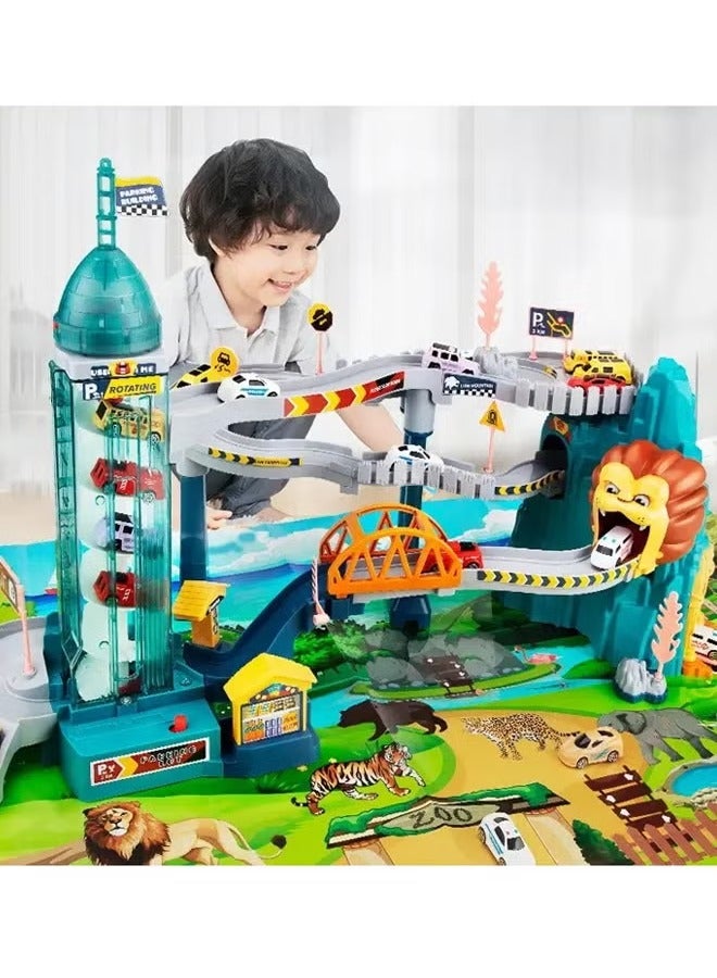 Car Race Track Sets, Lion Climbing Hills Race Track Playset, Car Ramp Track, Flexible Track Playset, Adventure Railcar Play Set, Ramp Racer Toy, Rail Car Amusement Park Toys,  Automatic Manual Multifunctional Sliding Car, Circular Slope Race Track Set, Double Mode Spiral Lifting Parking Lot with 4 Mini Racer Cars, Gift for Kids 3+ Years Old  - Image 3