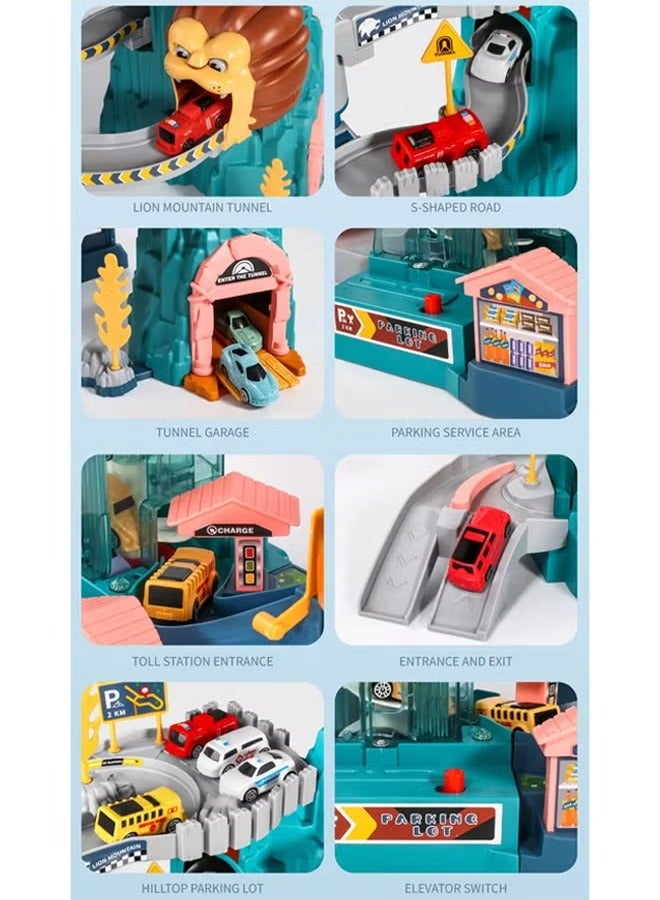 Car Race Track Sets, Lion Climbing Hills Race Track Playset, Car Ramp Track, Flexible Track Playset, Adventure Railcar Play Set, Ramp Racer Toy, Rail Car Amusement Park Toys,  Automatic Manual Multifunctional Sliding Car, Circular Slope Race Track Set, Double Mode Spiral Lifting Parking Lot with 4 Mini Racer Cars, Gift for Kids 3+ Years Old  - Image 5