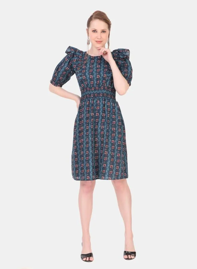 House Of Raeli Blue Self-Design A-Line Knee-Length Dress with Short Sleeves