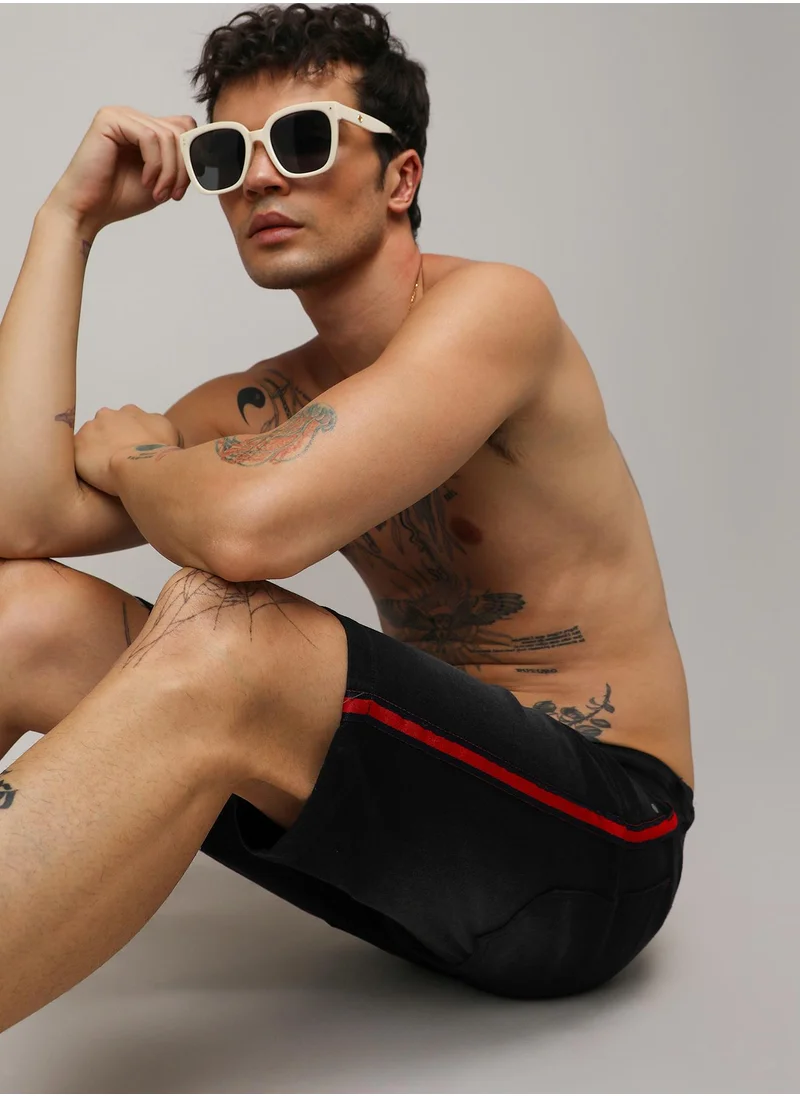 Campus Sutra Men's Black Contrast Side-Striped Denim Shorts