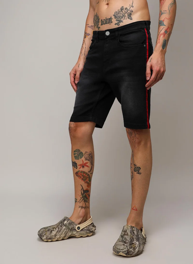 Campus Sutra Men's Black Contrast Side-Striped Denim Shorts