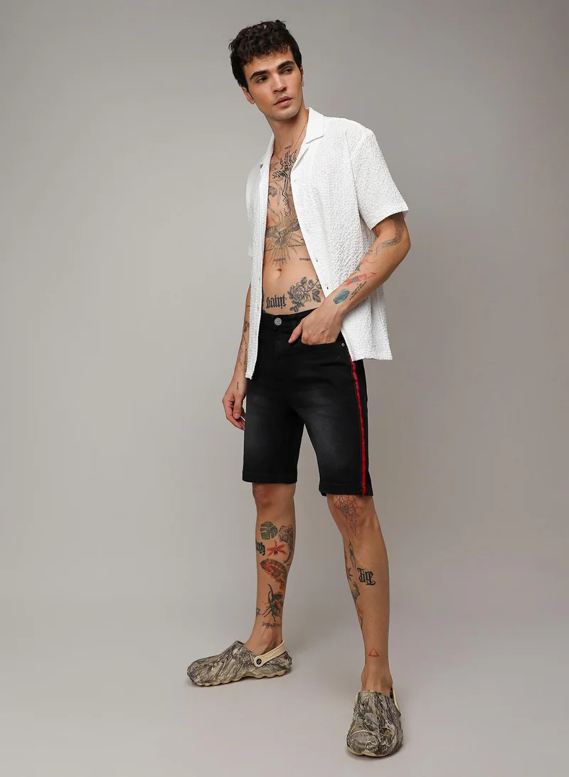 Campus Sutra Men's Black Contrast Side-Striped Denim Shorts