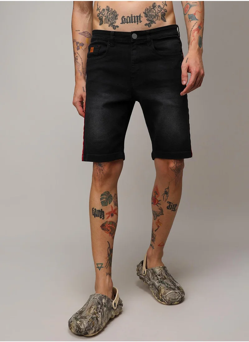 Campus Sutra Men's Black Contrast Side-Striped Denim Shorts