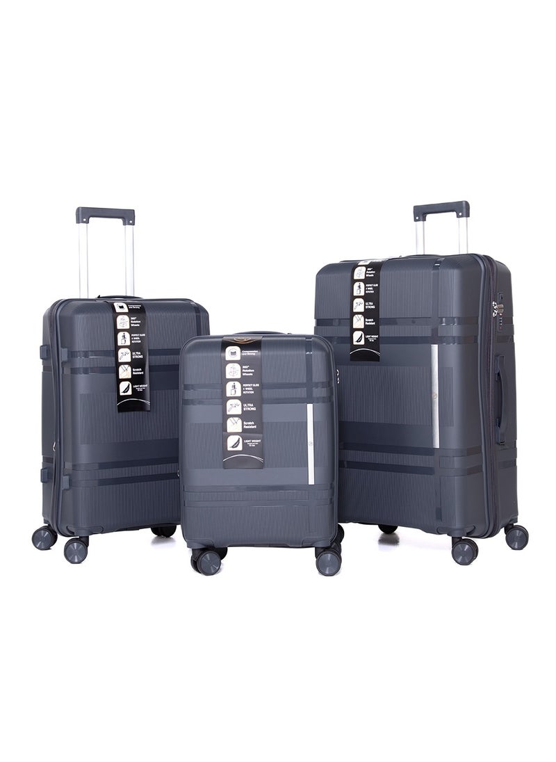 H.T H.T Luggage Bag Set of 3 Pcs, Hard Case Polypropylene (PP) Material, Matching Color Suitcases, 8x360 Degree Spinner Wheels, Expandable Trolley Bag, Telescopic Handle, TSA Lock, SKU HT6939 - Dark Grey  - Image 1