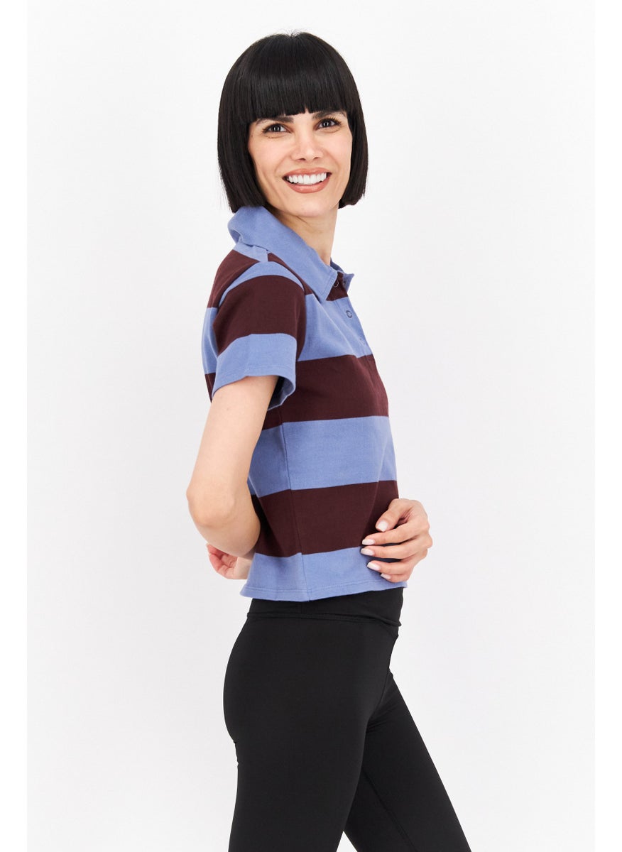 rvca Women Regular Fit Spread Collar Short Sleeve Stripe Polo Shirt, Blue  - Image 3