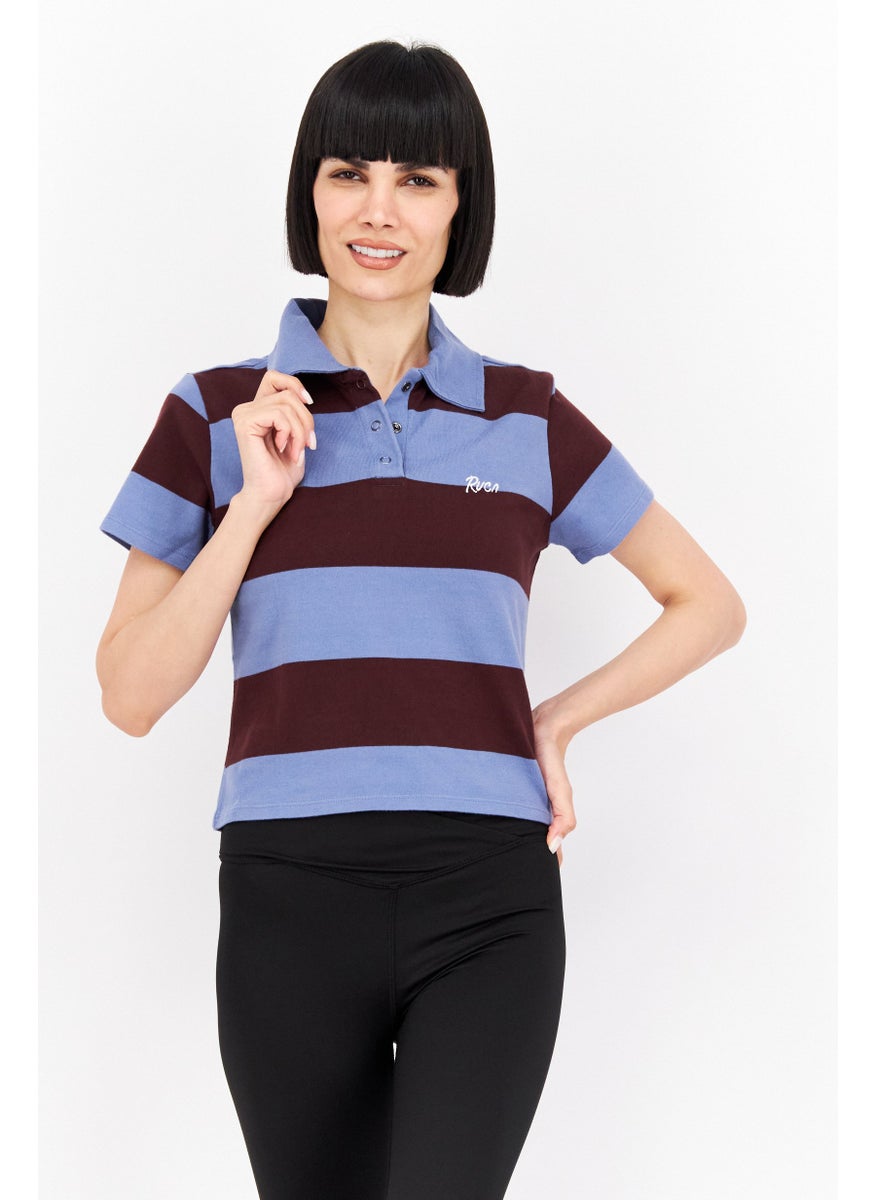 rvca Women Regular Fit Spread Collar Short Sleeve Stripe Polo Shirt, Blue  - Image 1