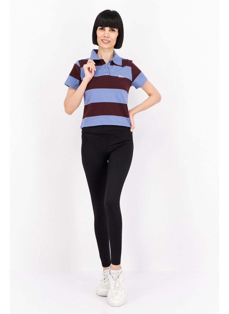 rvca Women Regular Fit Spread Collar Short Sleeve Stripe Polo Shirt, Blue  - Image 2
